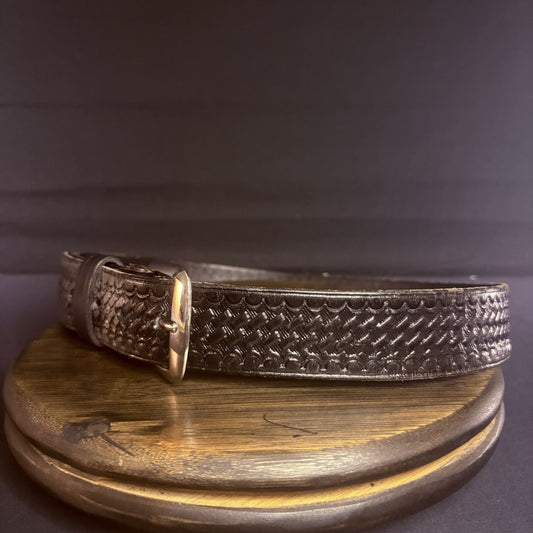 JS Leather Belt Size 32" Off Duty Black Basket Weave Chrome Buckle