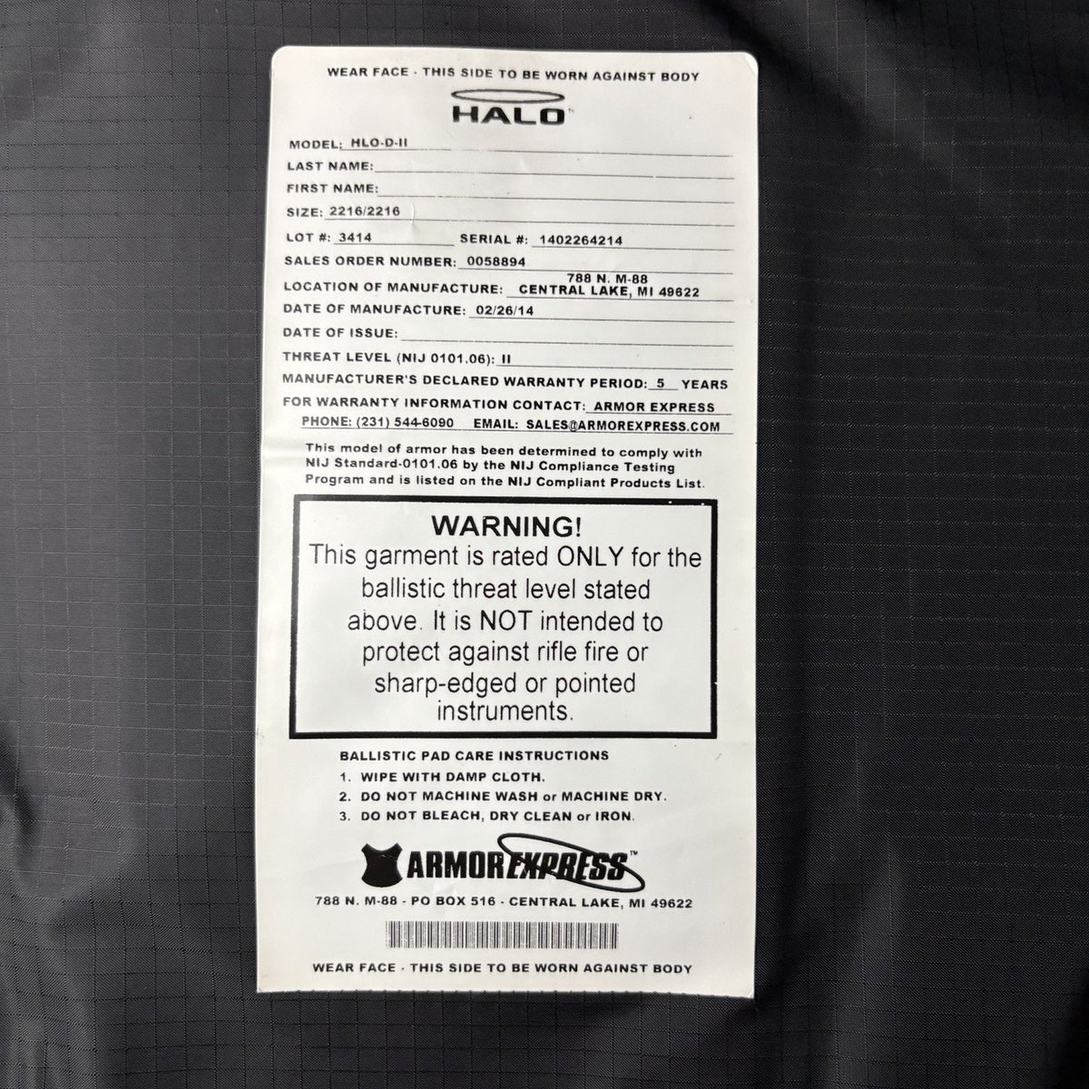 Armor Express Level 2 II Vest Size Large Long Bulletproof Concealable Ballistic