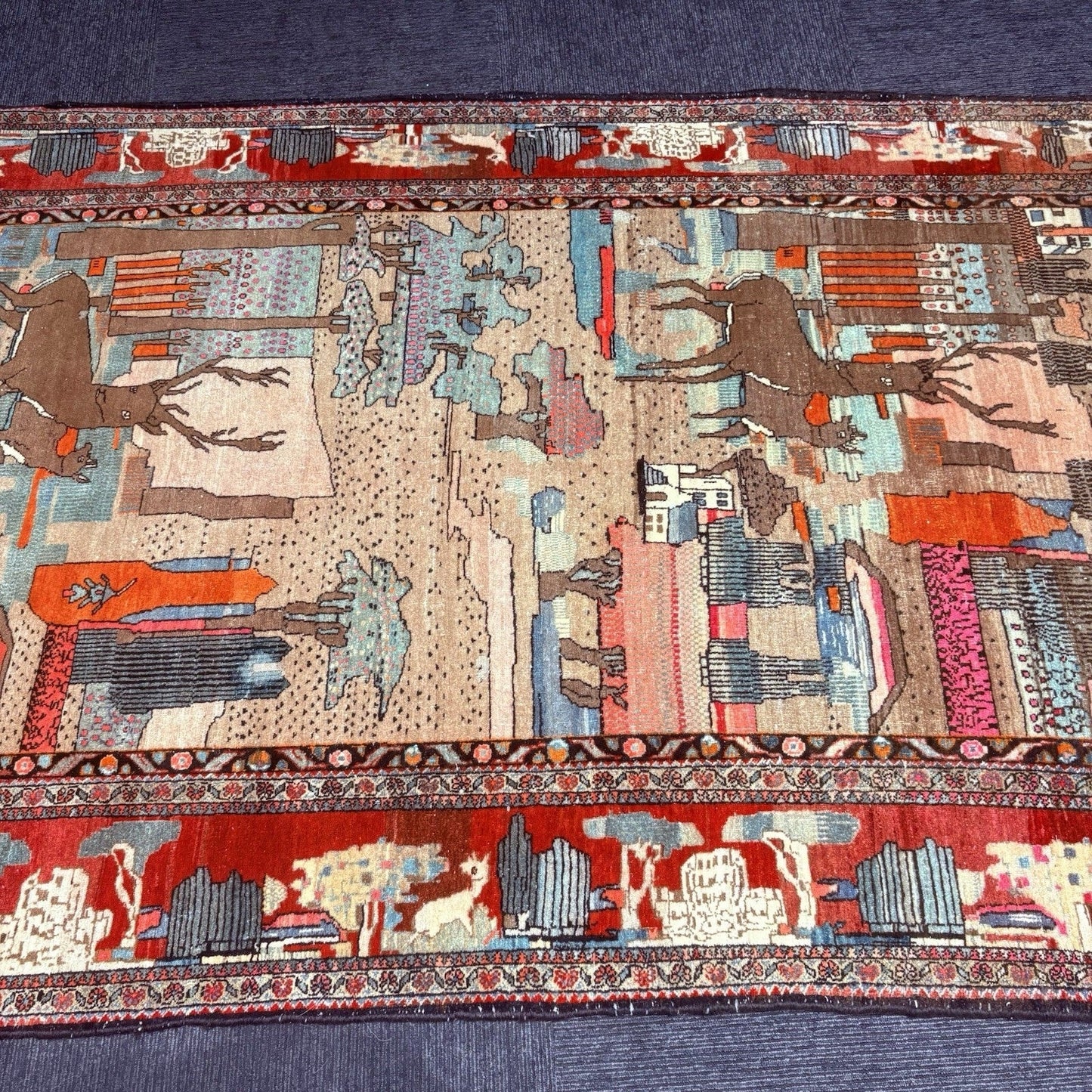 Antique Persian Hand Knotted Pictorial Rug 9'x5' 1940s Kashann Rug
