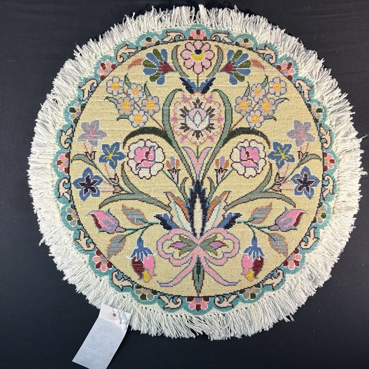 Persian Nain Round Flower Rug Yellow Hand Knotted Size 20”x20” Or 50cm X 50cm1