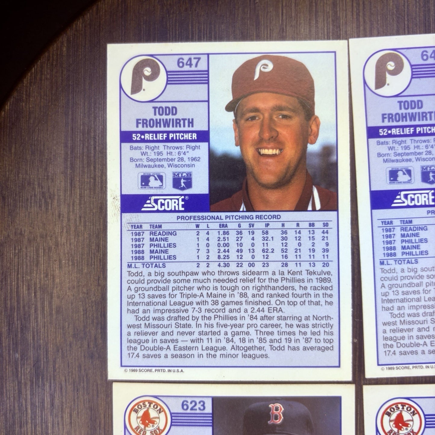 (2) 1989 Score Todd Frohwirth ROOKIE CARD #647 & (2) 1989 Carlos Quintana #6238