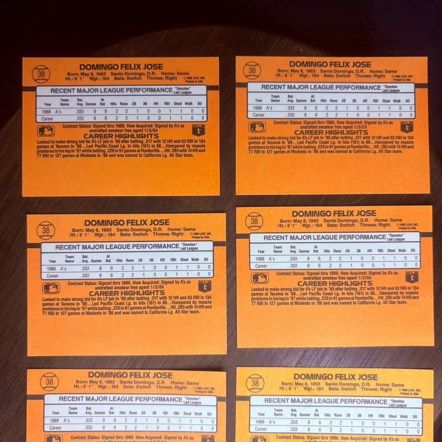 (Lot Of 6) 1989 Felix Jose Donruss Baseball ROOKIE #38 Oakland Athletics8