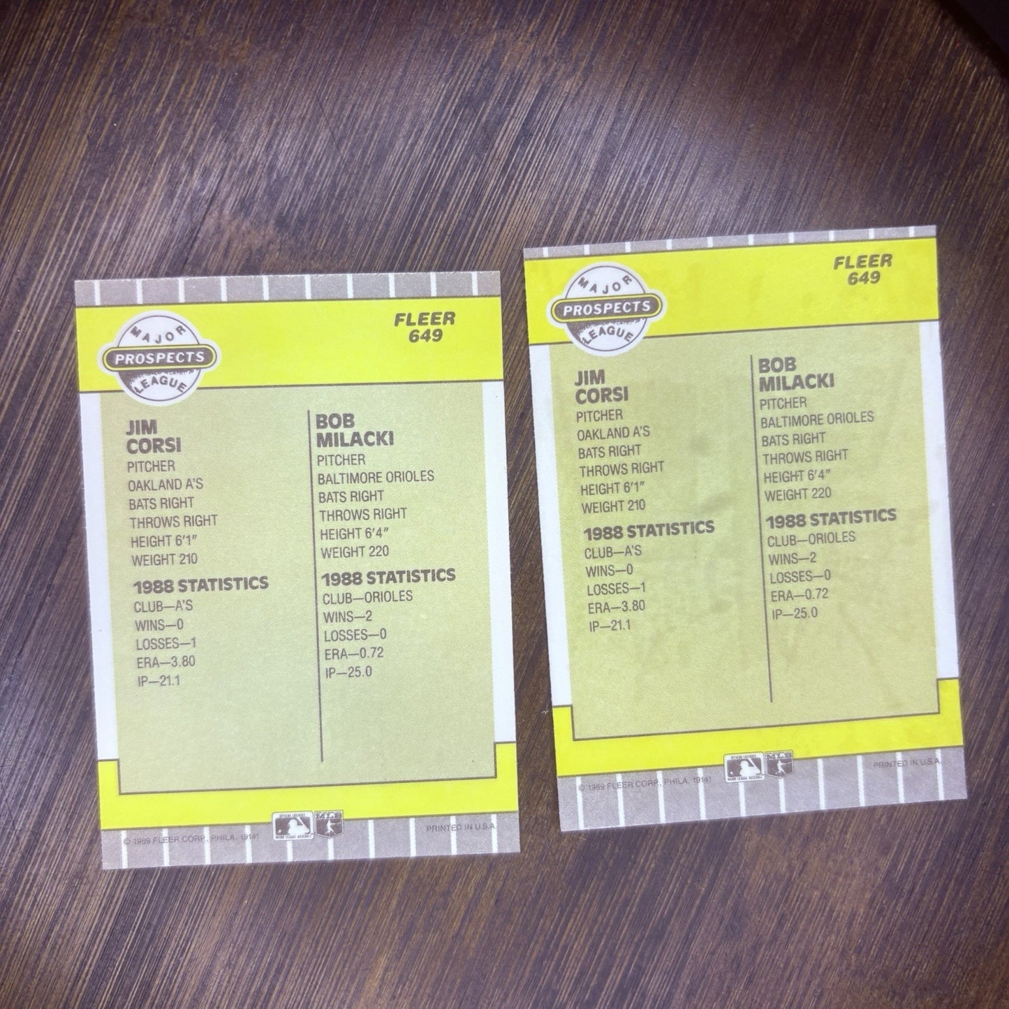 1989 Fleer #649 Jim Corsi & Bob Milacki RC (Lot Of 2) Major Prospects League1