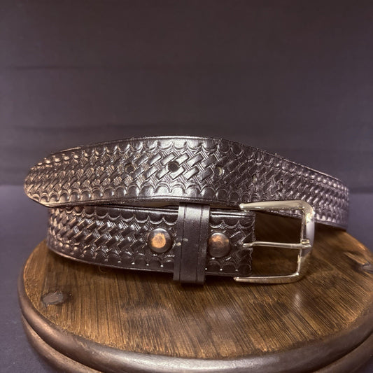 JS Leather Off Duty Belt Size 30" Black Basket Weave Chrome Buckle1