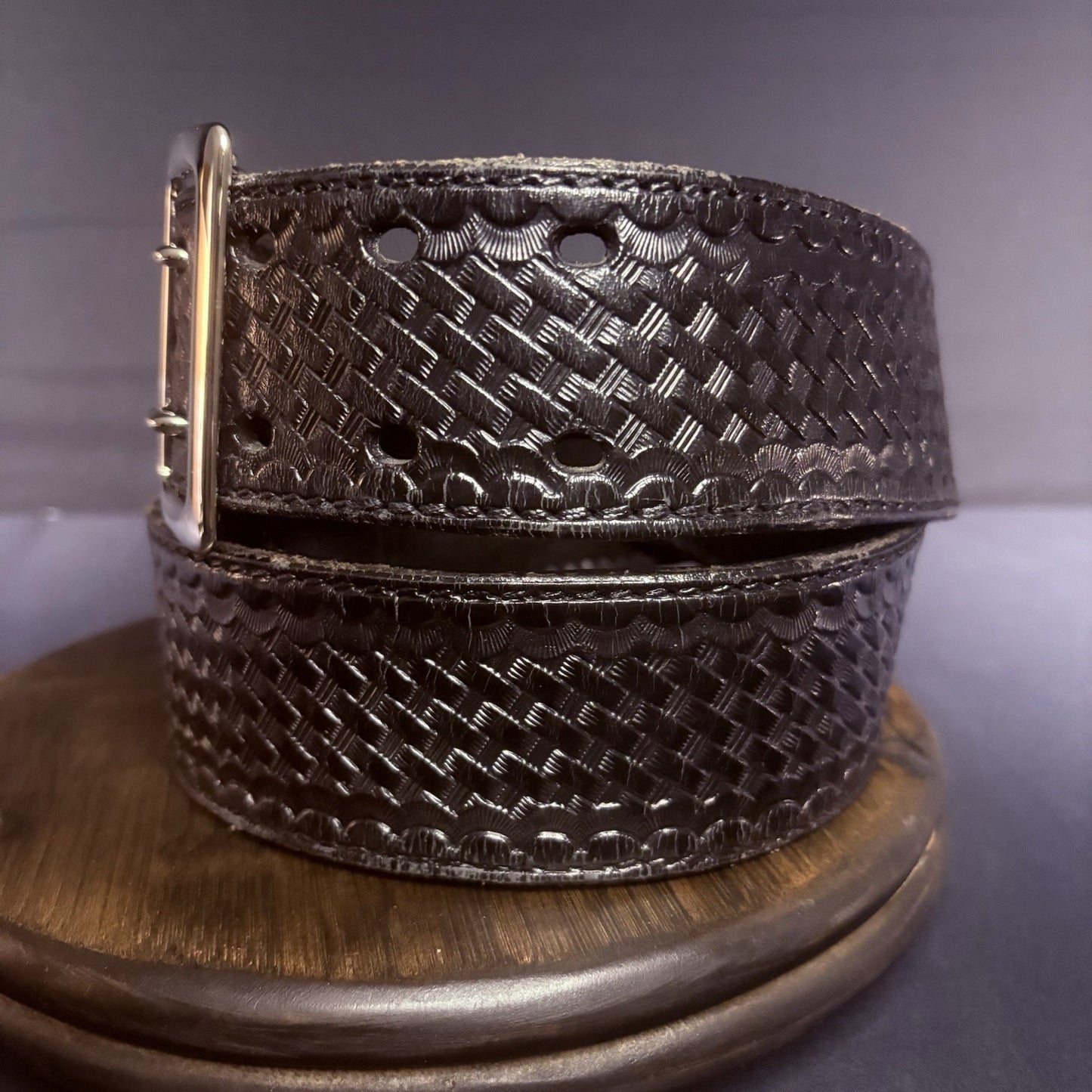 JS Leather Duty Belt Size 36" Black Basket Weave Chrome Brass Buckle Sam Browne11