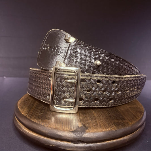 JS Leather Sam Browne Duty Belt Size 32" Black Basket Weave Chrome Buckle1