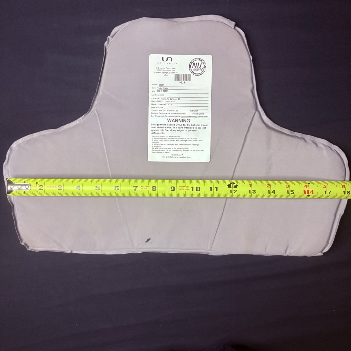 US Armor IIIA (3A) Bullet Proof Concealable Vest -Size Female Small- 201917