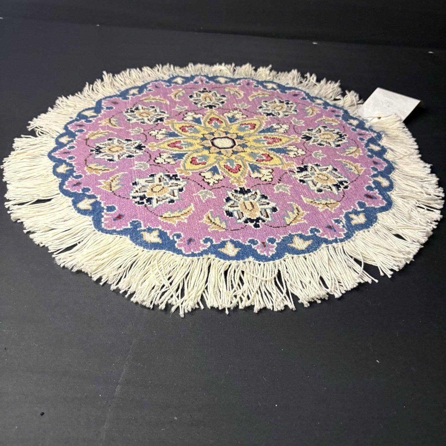 Persian Nain Round Rug Purple Medallion Rug Hand Knotted Size 15”x15” Or 38cm13