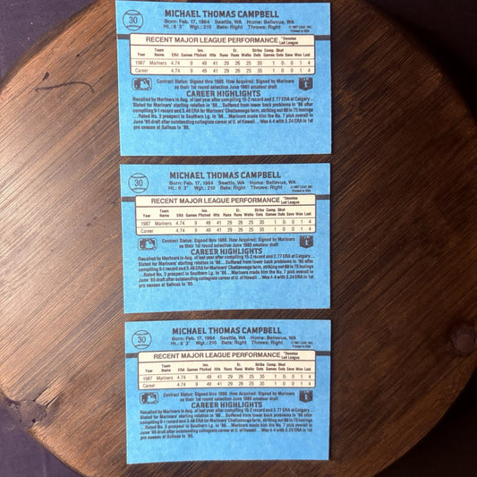 (3) 1988 Donruss #30 Mike Campbell RC Seattle Mariners Card Lot1
