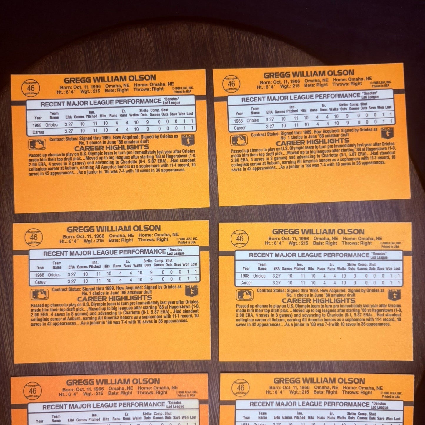 (Lot of 6) 1989 Donruss Rated Rookie Greg Olson Baltimore Orioles #468