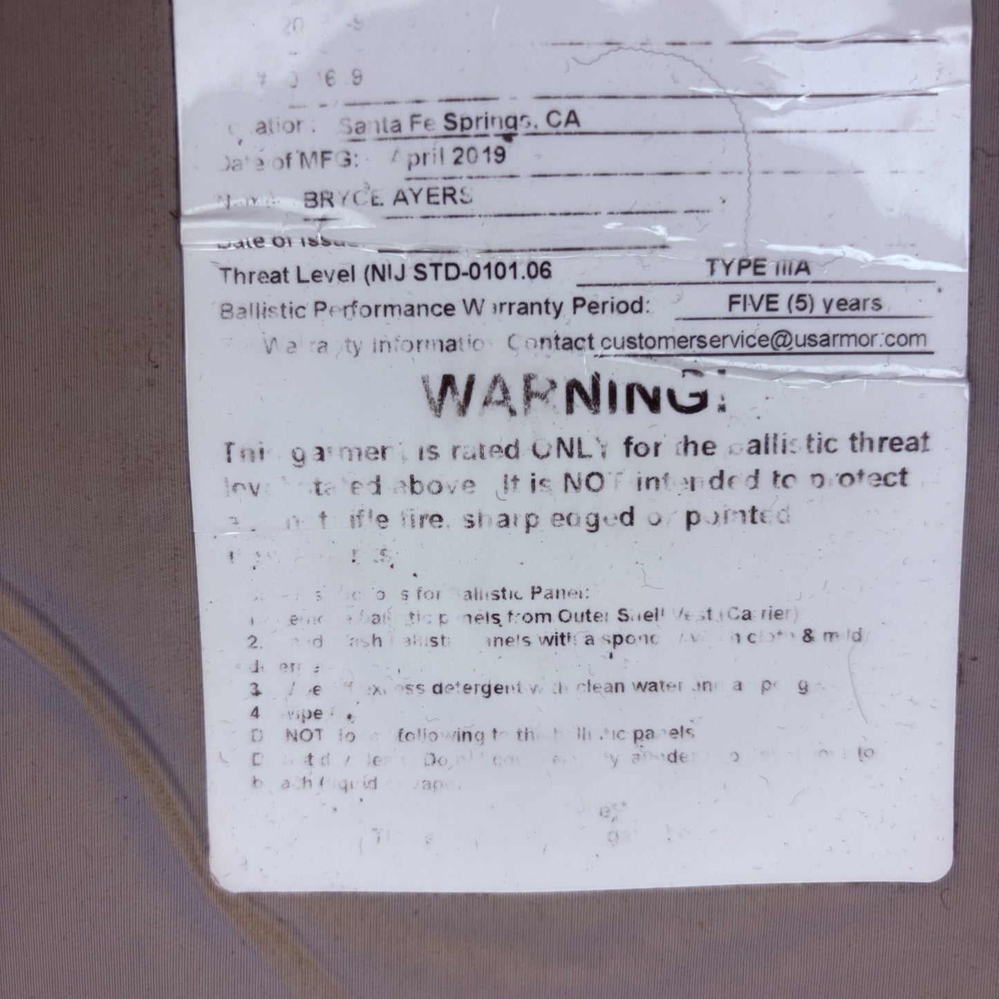 US Armor IIIA (3A) Bullet Proof Concealable Vest -Size SMALL- 201916