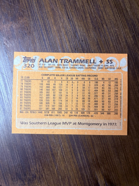 1988 Topps Alan Trammell Baseball Card #320 Tigers HOF High Grade See Photos1