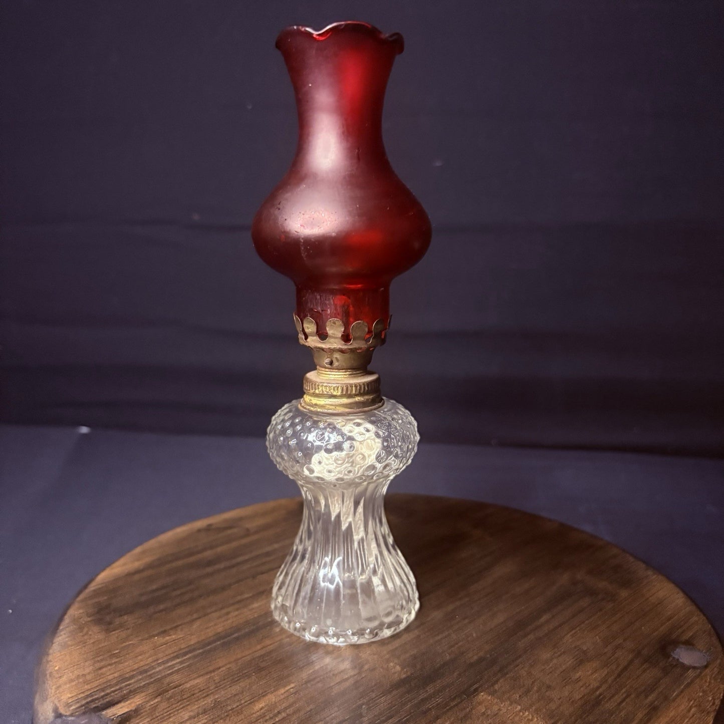 VTG Miniature Hurricane Oil Lamp Clear Hobnail Bubble Base, Ruby Red Bell Globe9