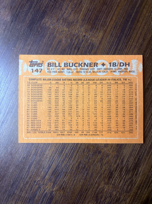 1988 Topps Tiffany Bill Buckner High Grade Baseball Card #1471