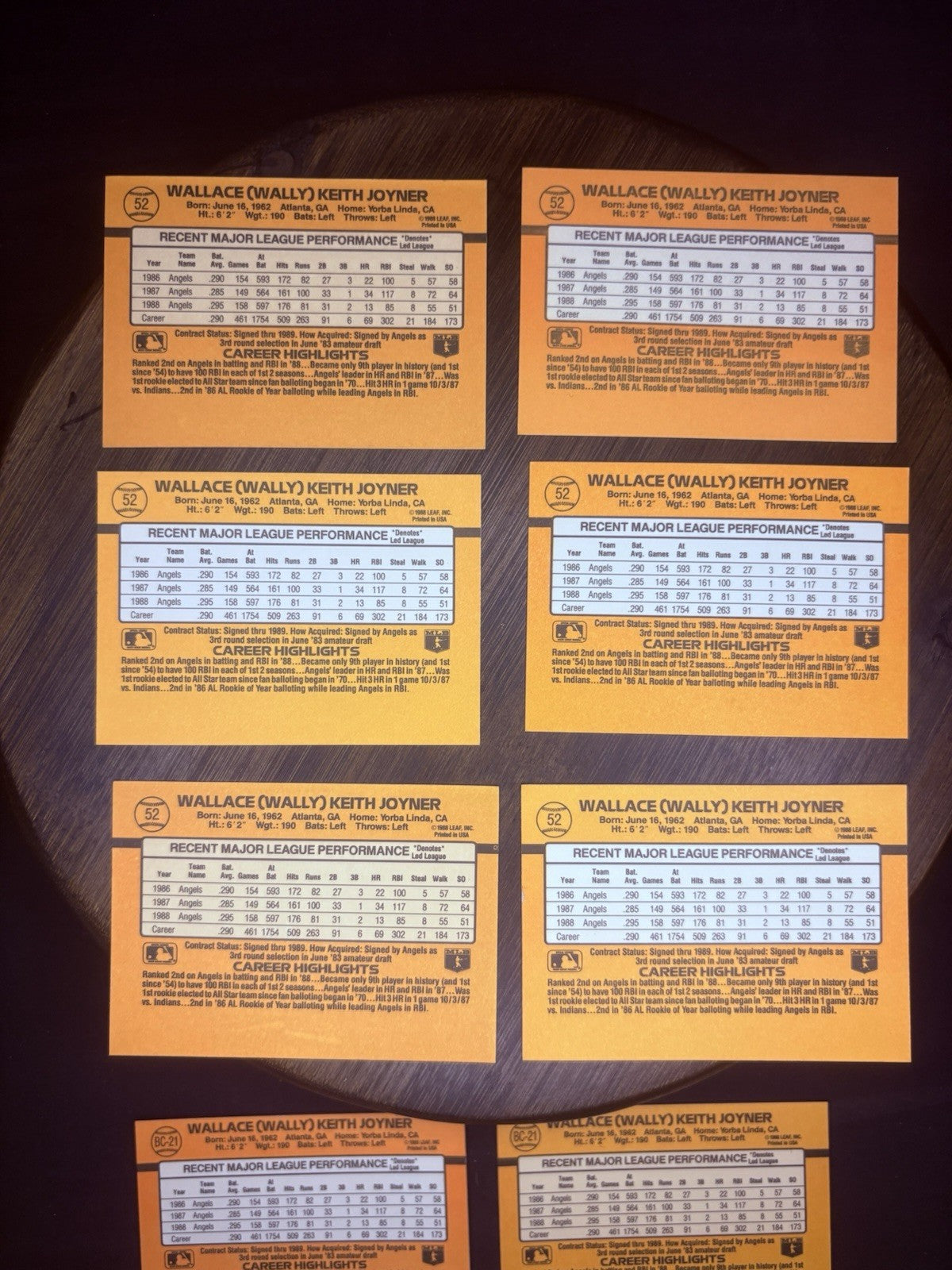 (LOT of 10) Wally Joyner 1989 DONRUSS MVP Baseball cards (#BC21, #52) NM6