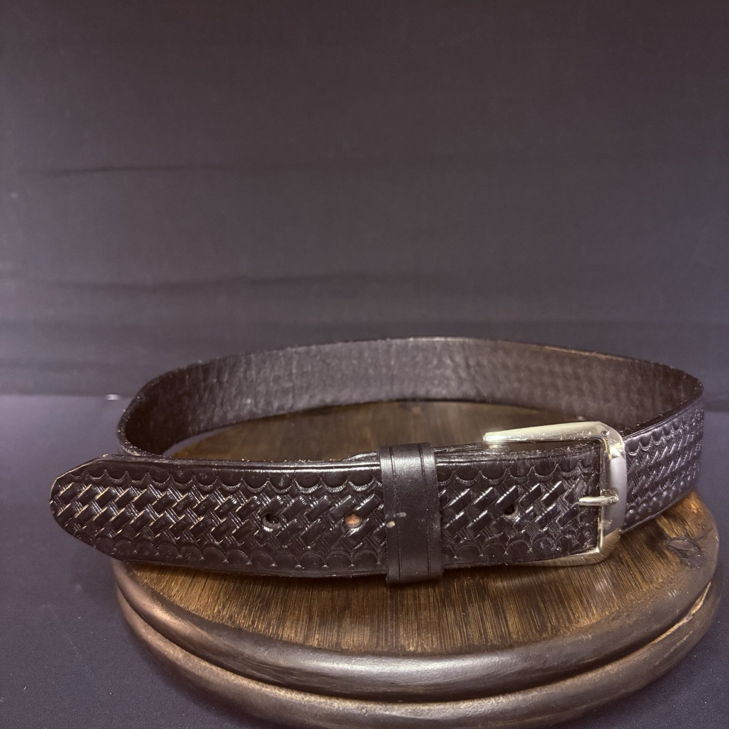 JS Leather Off Duty Belt Size 30" Black Basket Weave Chrome Buckle9