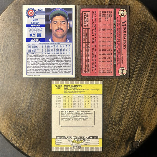 (3) 1989 Mike Harkey Rookie Chicago Cubs (RC) Baseball Cards #624, #742, #4271