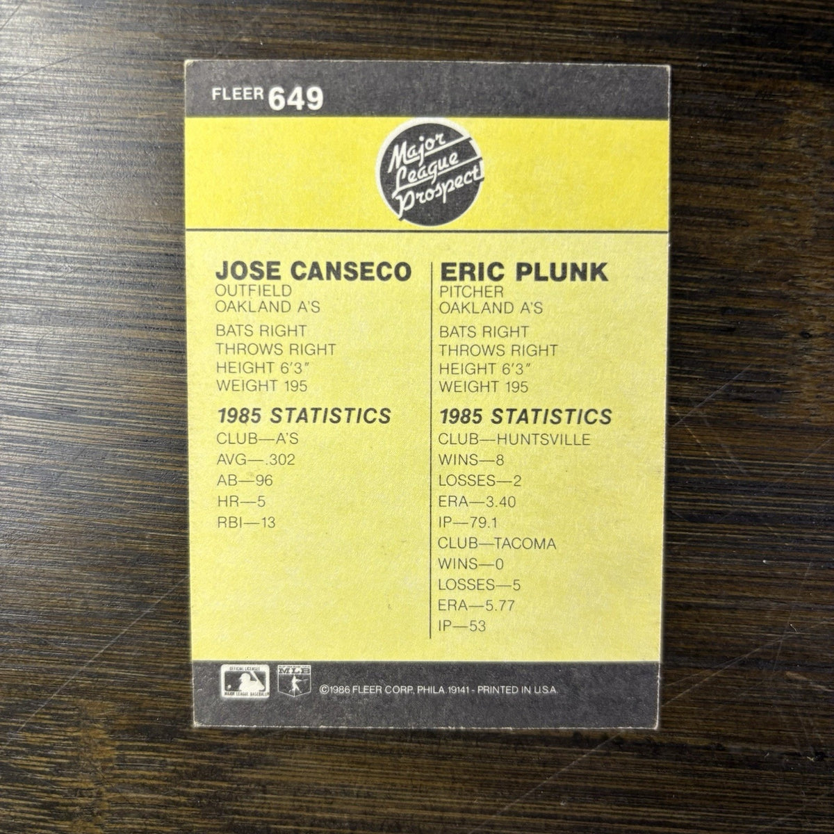 1986 Fleer Eric Plunk/Jose Canseco Rookie Card RC #649 Oakland Athletics