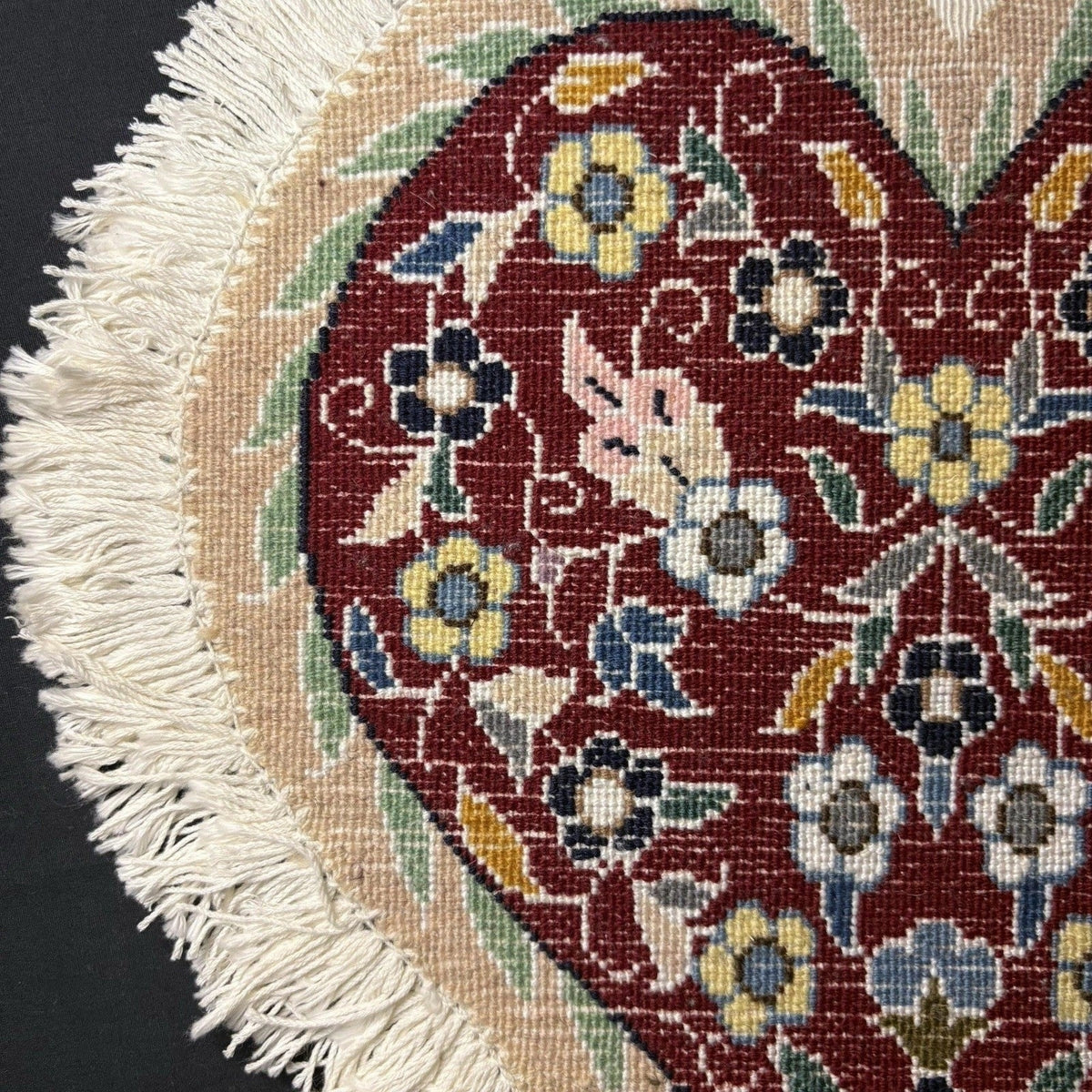 Persian Heart Shape Rug Red w/Flowers Hand Knotted 14”x13” RARE 240 KPSI