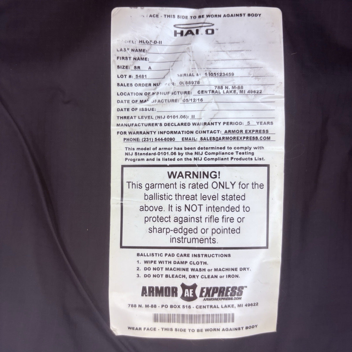 Armor Express Level 2 II Vest Size X-SMALL Bulletproof Concealable Vest