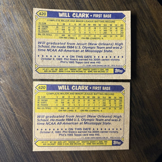 1987 Topps #420 Will Clark RC Lot Of 2 NM-MT+ High Grade See Photos