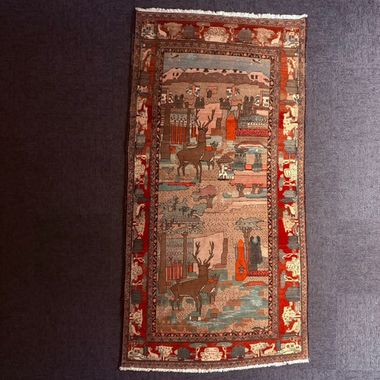 Antique Persian Hand Knotted Pictorial Rug 9'x5' 1940s Kashann Rug