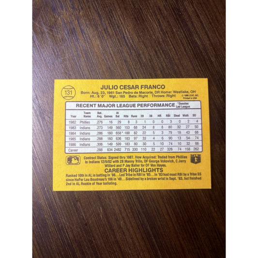1987 Donruss Julio Franco Baseball Card 131 Indians Shortstop High Grade