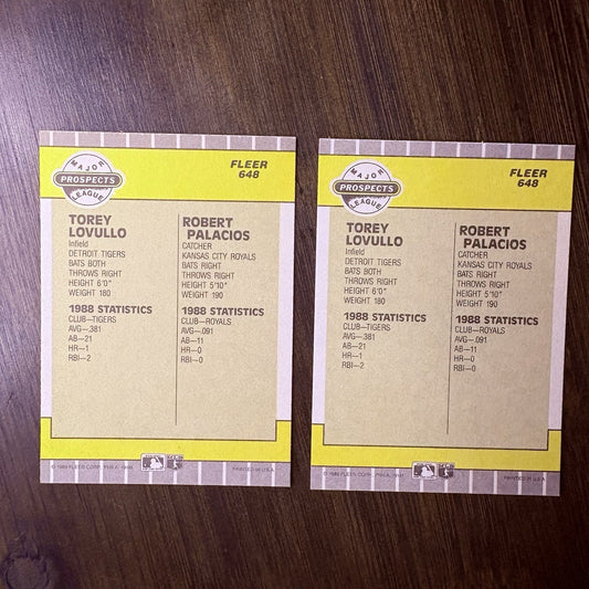1989 Fleer Prospects Torey Lovullo, Robert Palacios #648 (RC) 2 High Grade Cards