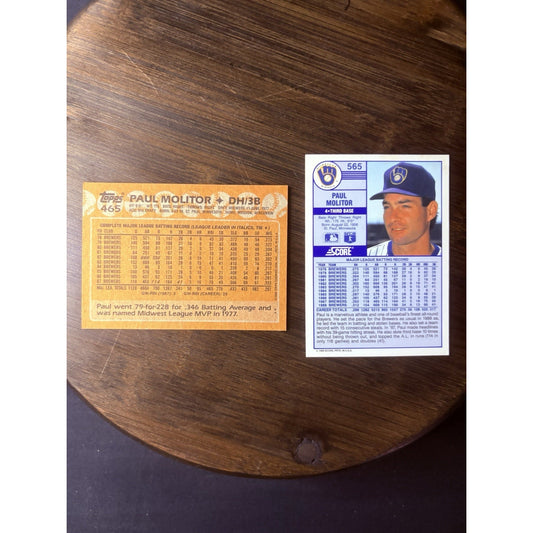 1988 Paul Molitor Topps #465 & Score #565 (2) High Grade Cards See Photos