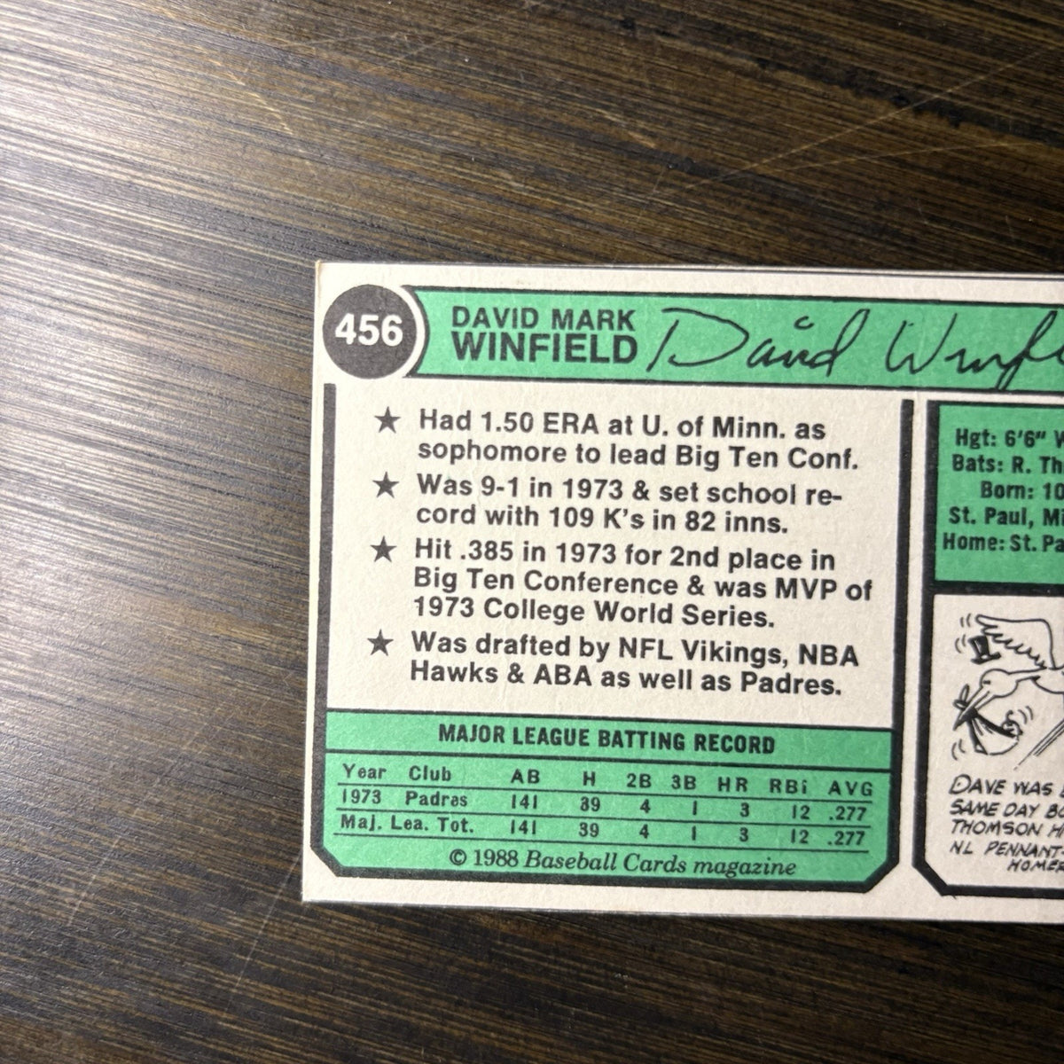1988 B.B. Cards Magazine #456 Dave Winfield High Grade Repli-Cards RARE 1/1 1974