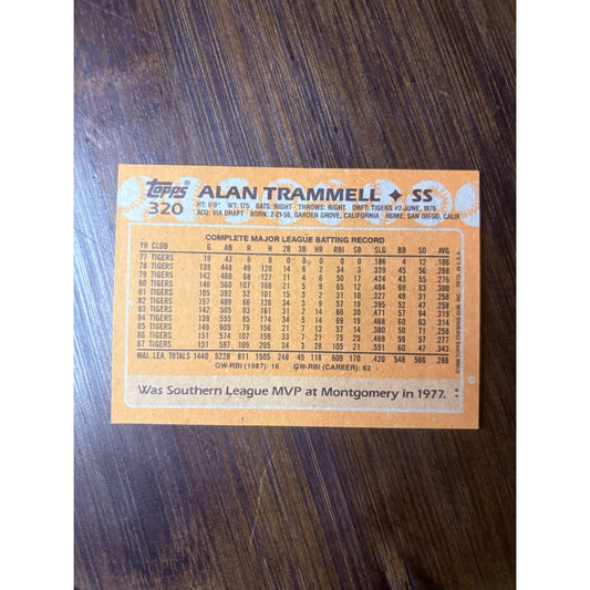 1988 Topps Alan Trammell Baseball Card #320 Tigers HOF High Grade See Photos