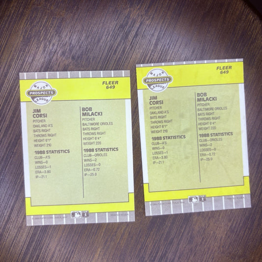 1989 Fleer #649 Jim Corsi & Bob Milacki RC (Lot Of 2) Major Prospects League