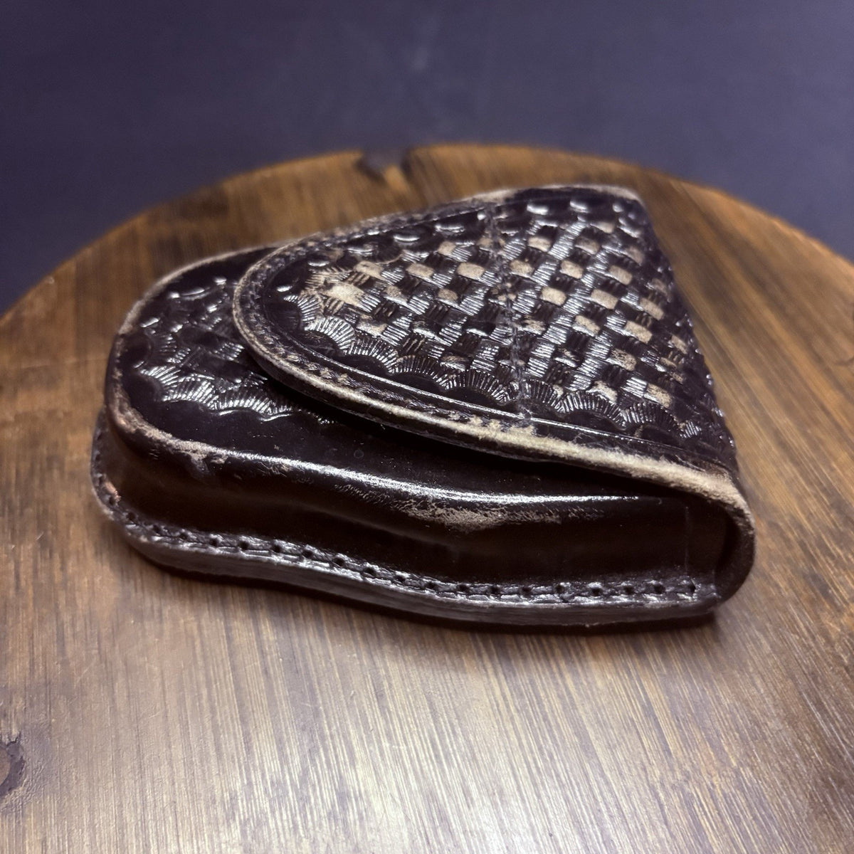 JS Leather Handcuff Case Black Basketweave Duty Belt Case, Hidden Snap