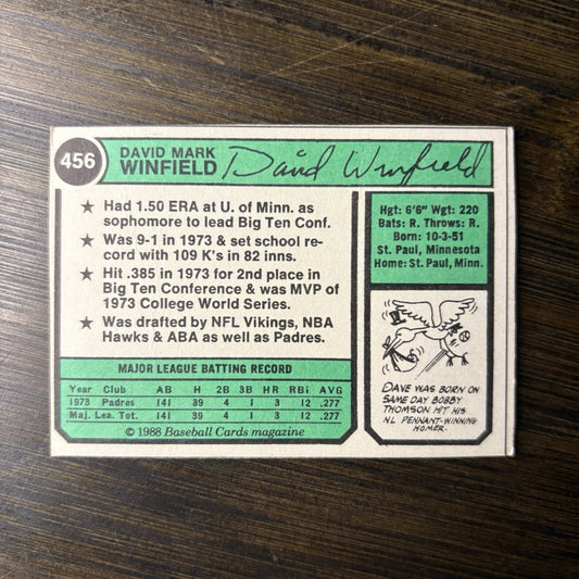 1988 B.B. Cards Magazine #456 Dave Winfield High Grade Repli-Cards RARE 1/1 1974