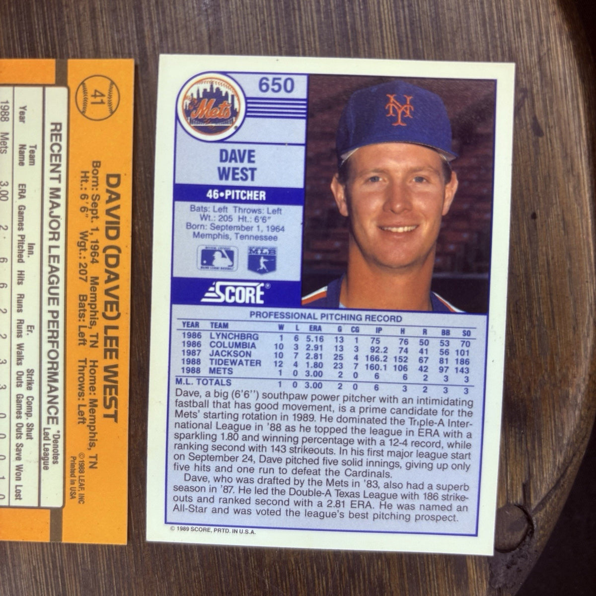 (2) 1989 Donruss # 41 DAVE WEST Rated Rookie & (1) #650 Score Trading Card