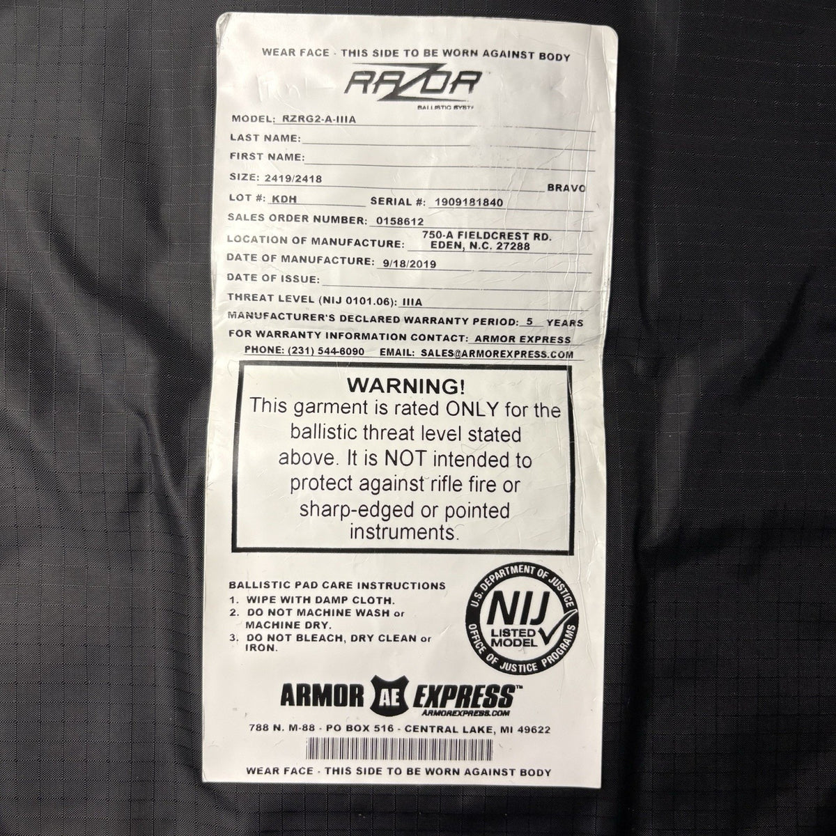 Armor Express RAZOR 3A Tactical Carrier Size XL Long IIIA Ballistic Vest 2019