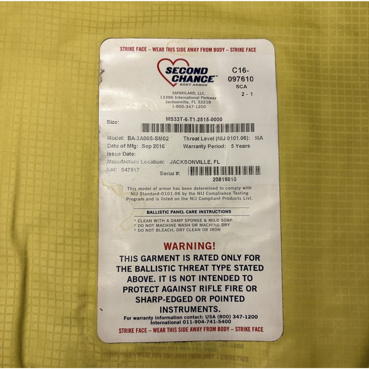 Second Chance 3A Bullet Proof Vest Size XXL Concealable Ballistic IIIA Vest