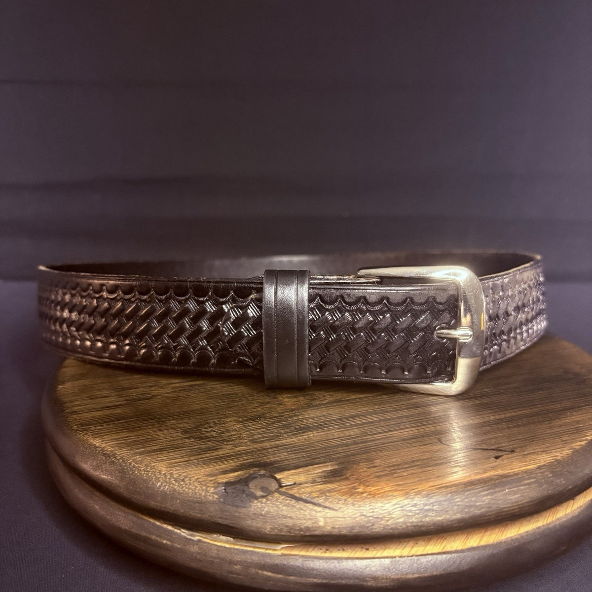 JS Leather Belt Size 32" Off Duty Black Basket Weave Chrome Buckle