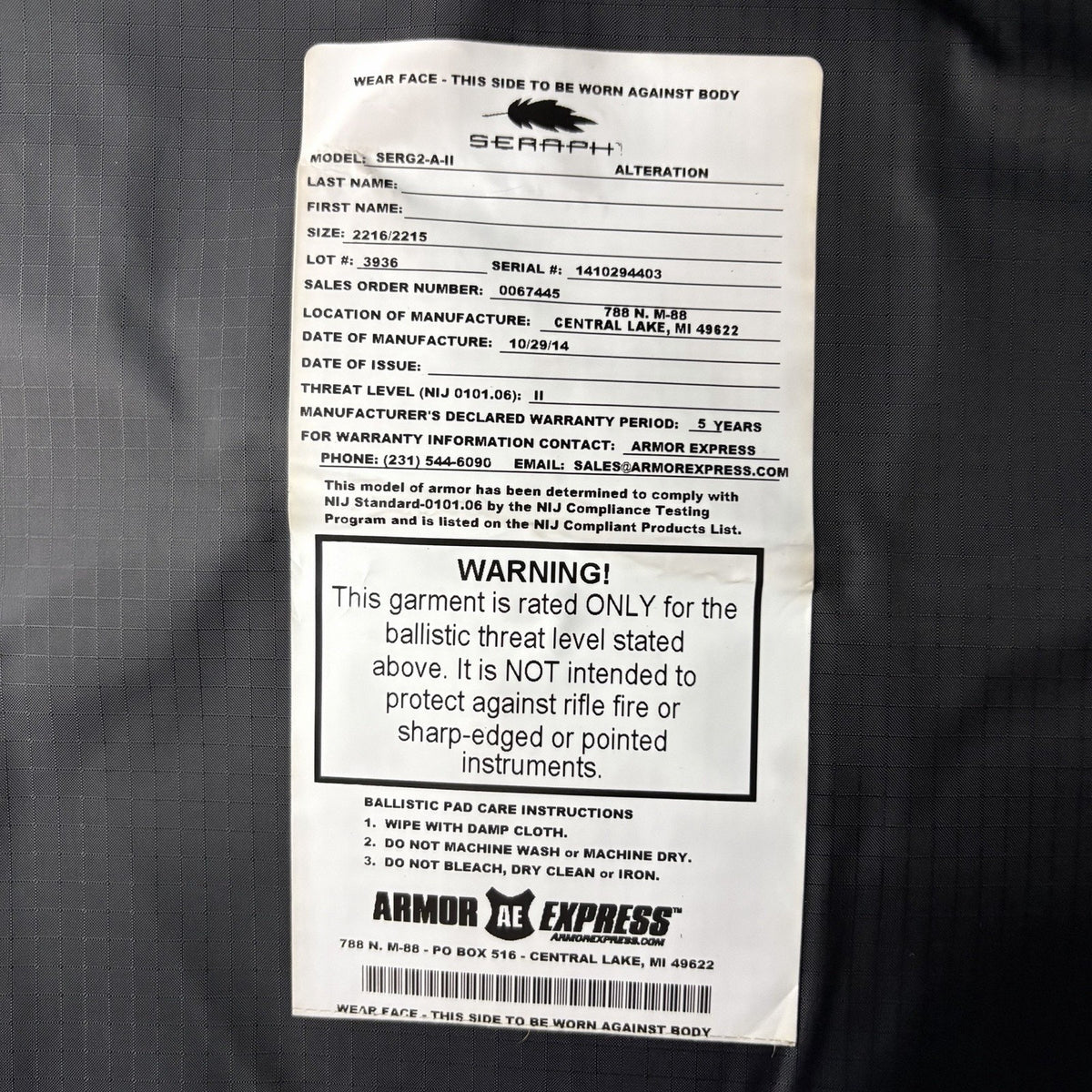 Second Chance Level 2 II Vest Size Large Long Bulletproof Concealable Ballistic