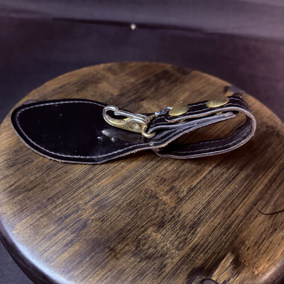 Duty Belt Key Keeper High Gloss Black Leather, Brass Snap And Key Ring