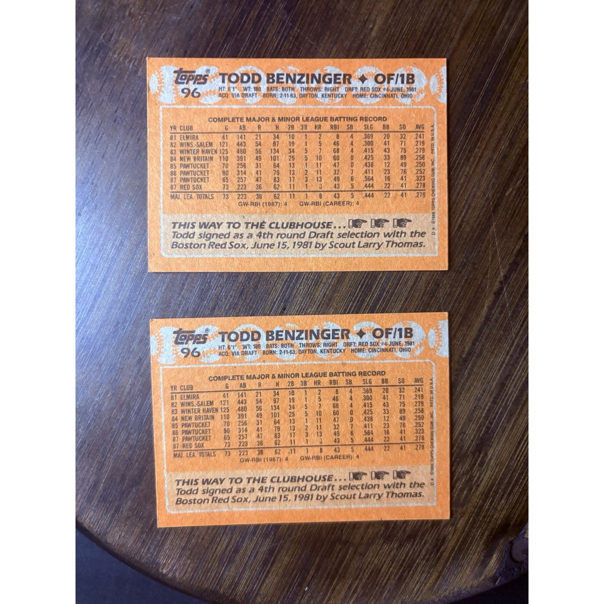 Todd Benzinger Double 1988 Topps #96 High Grade Card MLB Baseball Boston Red Sox