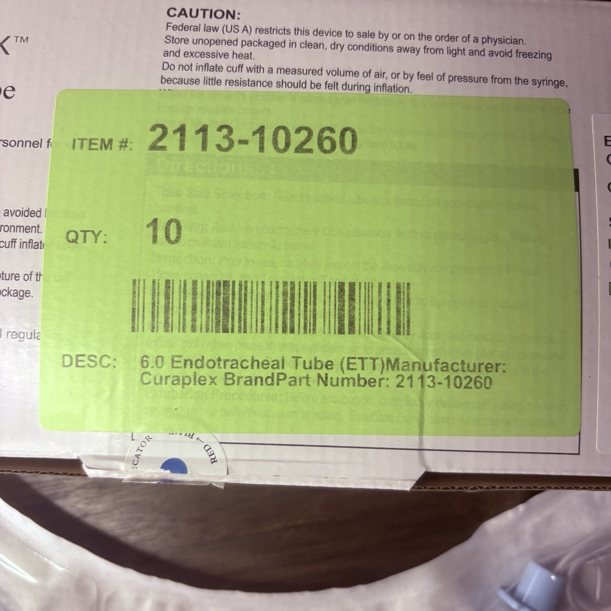 Sterile Endotracheal Tube 6.0 mm w/Cuff (Pack Of 2) Individually Packaged Sealed