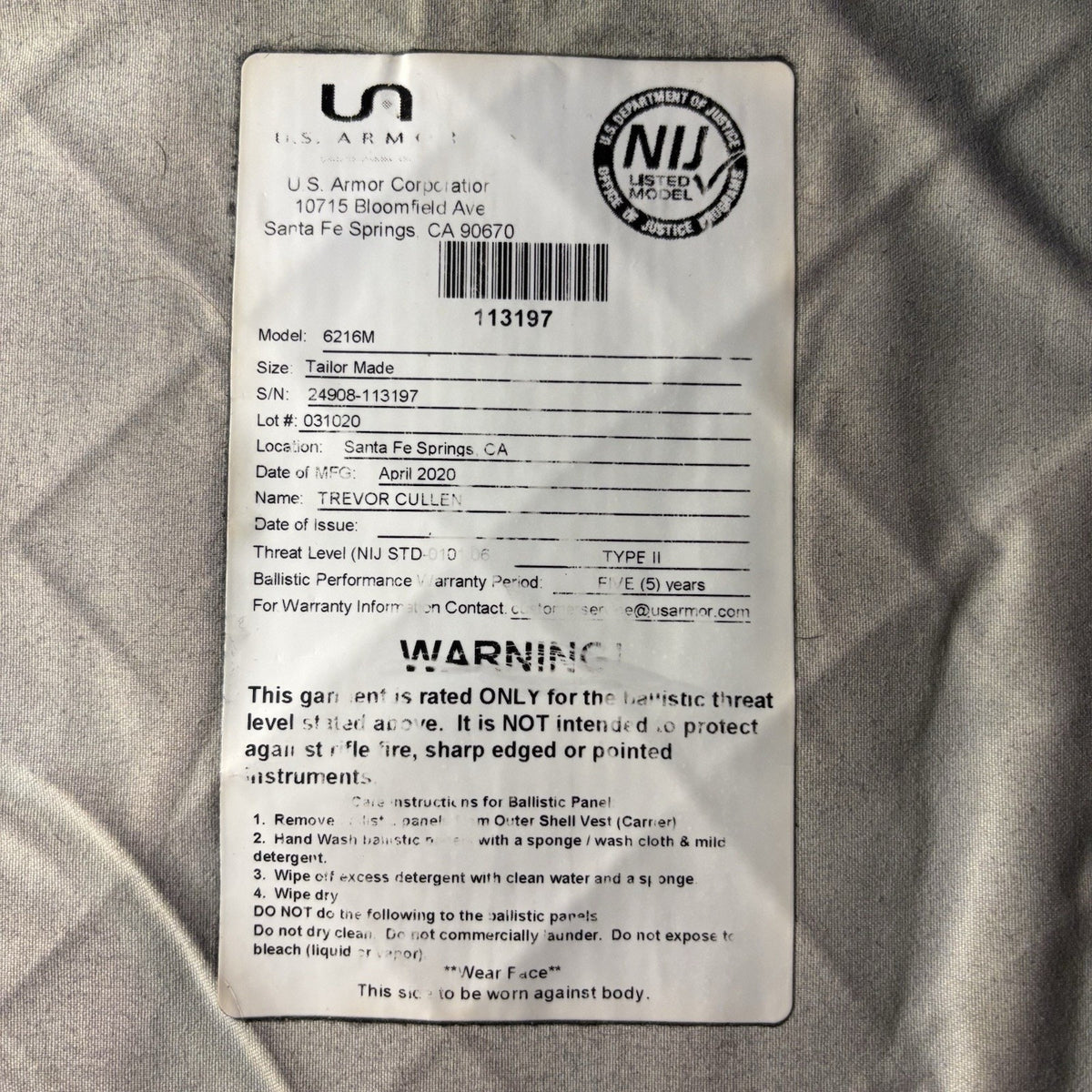US Armor Level 2 Ballistic II Vest Size Large 2020 Concealable Bullet Proof