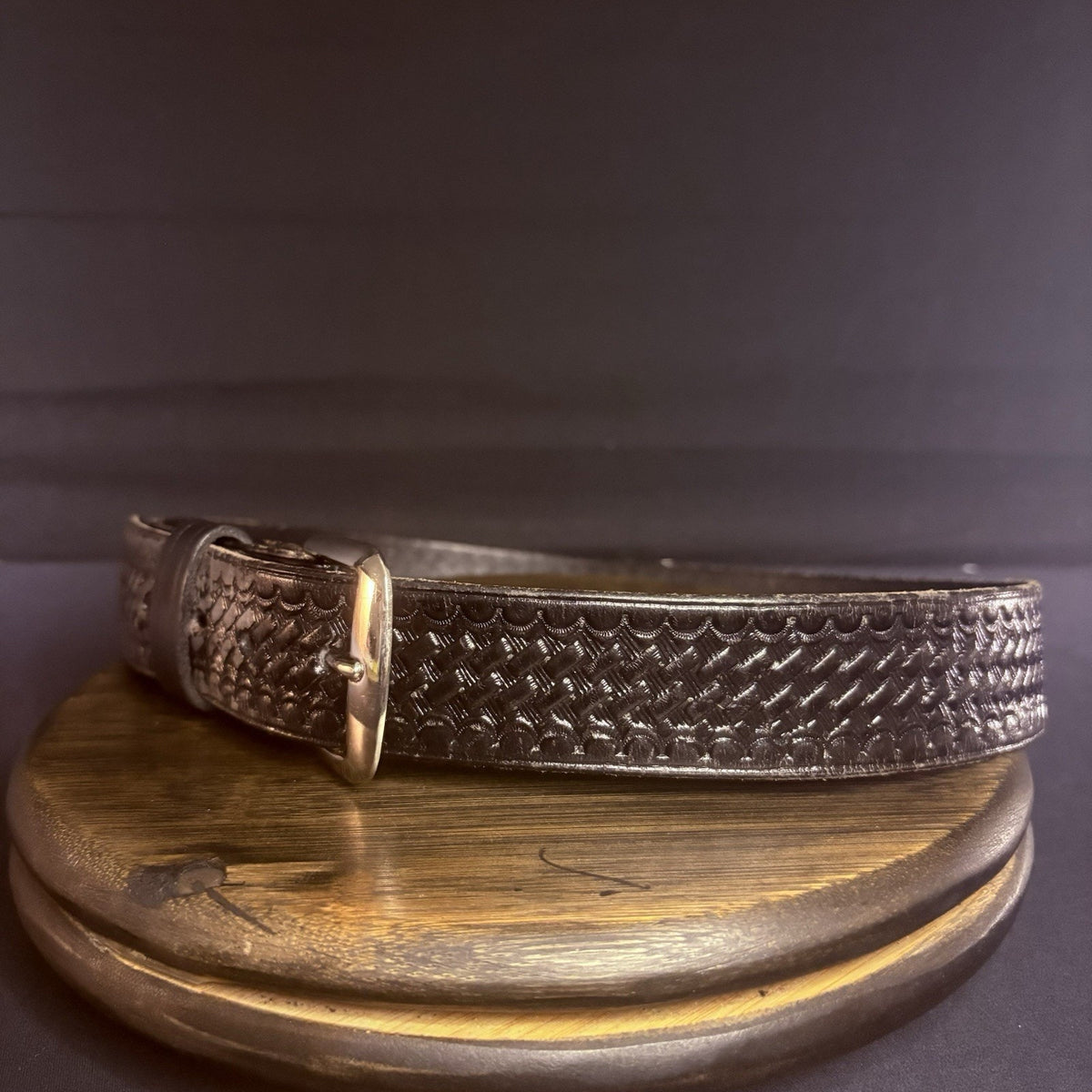 JS Leather Belt Size 32" Off Duty Black Basket Weave Chrome Buckle