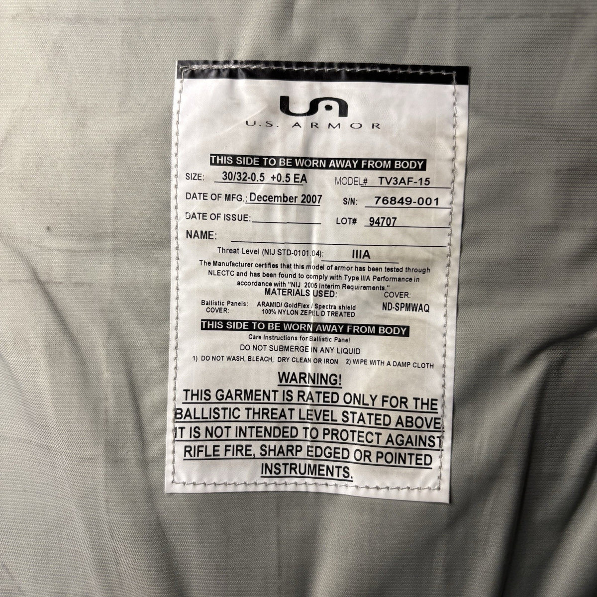 US Armor Level 2 (II) Bullet Proof Vest Size Female SMALL w/ Trauma Plate
