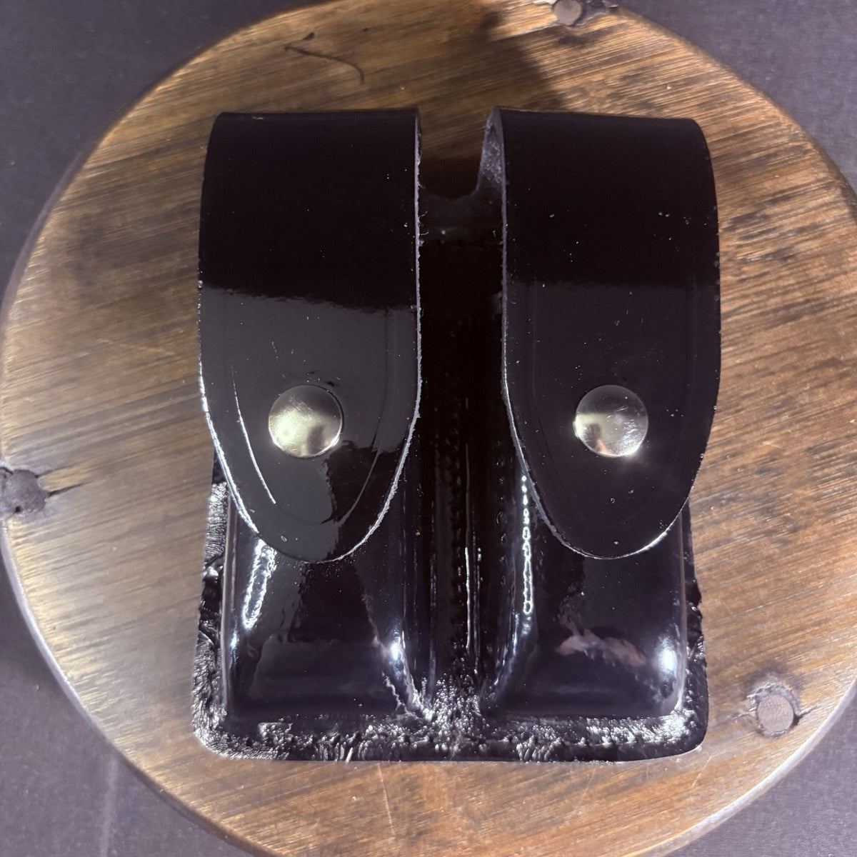 Galls Double Magazine Pouch Gloss Black Plain Leather Chrome Snaps