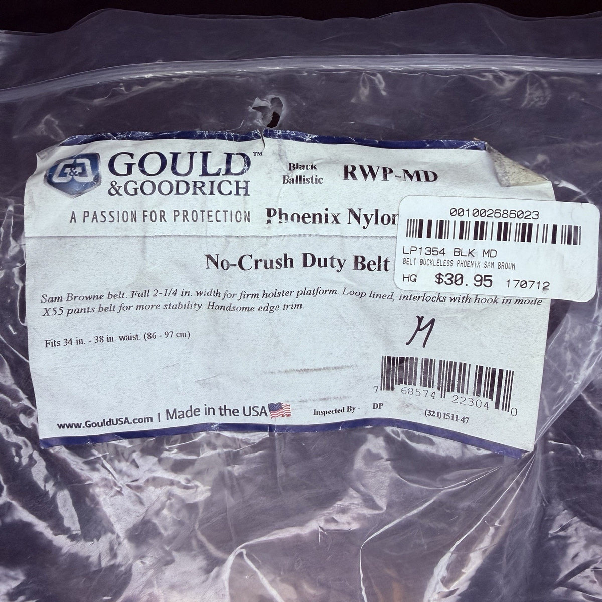 Gould & Goodrich Duty Belt Size 34"- 38" Black No-Crush Ballistic Nylon RWP-MD