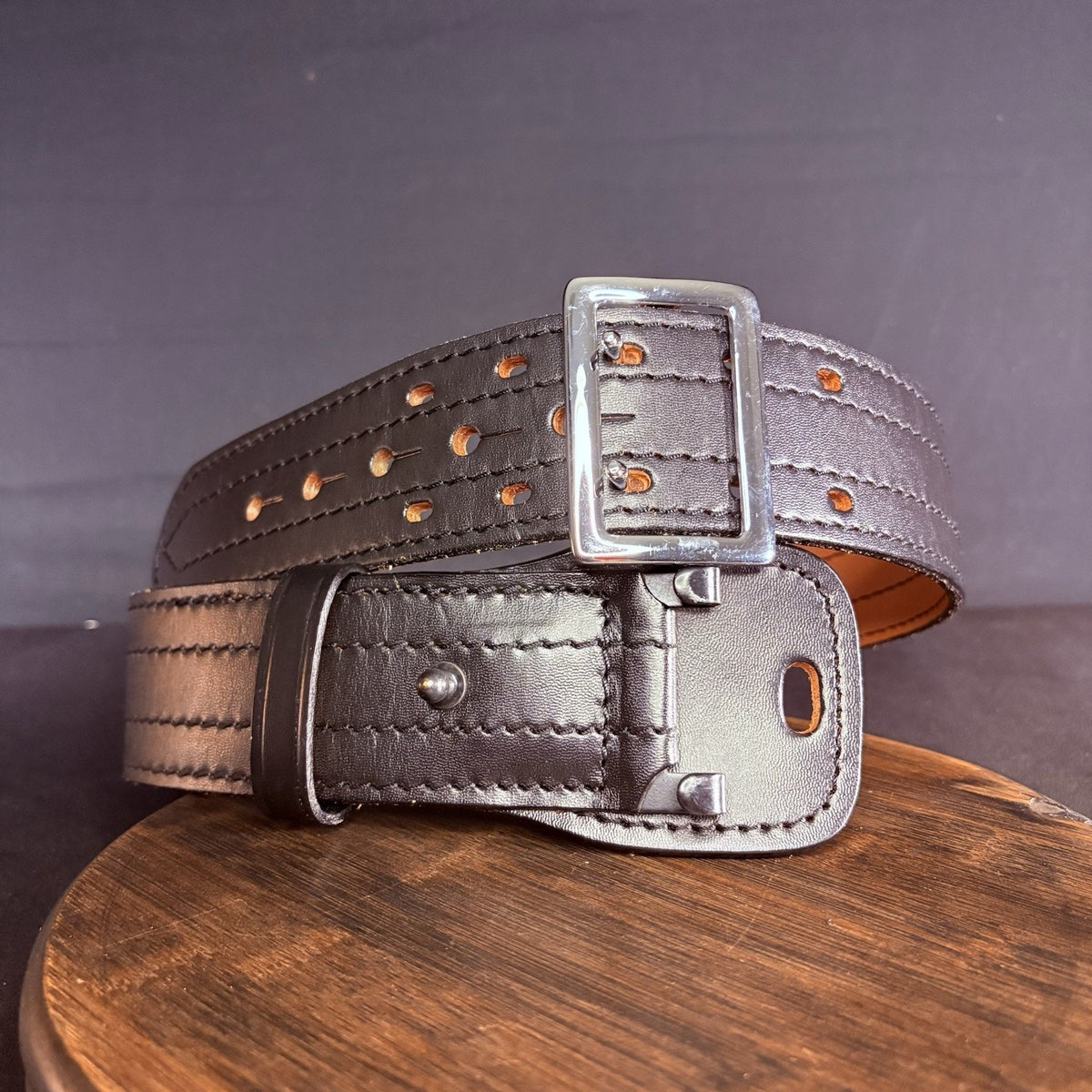 DutyMan Duty Belt Size 30” Black Plain Leather Chrome Buckle 4 Row Stitched 4011
