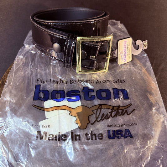 Boston Leather Belt Size 30" High Gloss Black Garrison Gold Buckle Made in USA