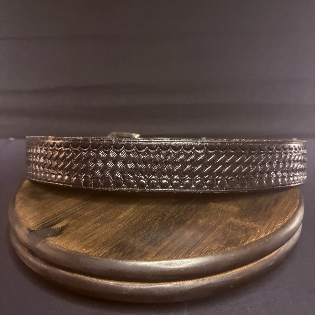 JS Leather Belt Size 32" Off Duty Black Basket Weave Chrome Buckle
